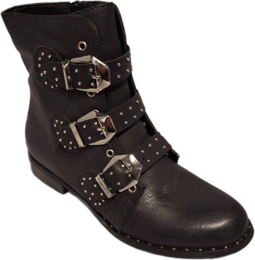 Kayla -BIKERBOOTS-BLACK-LEDERLOOK-3 RIE MET GESP-STUDS