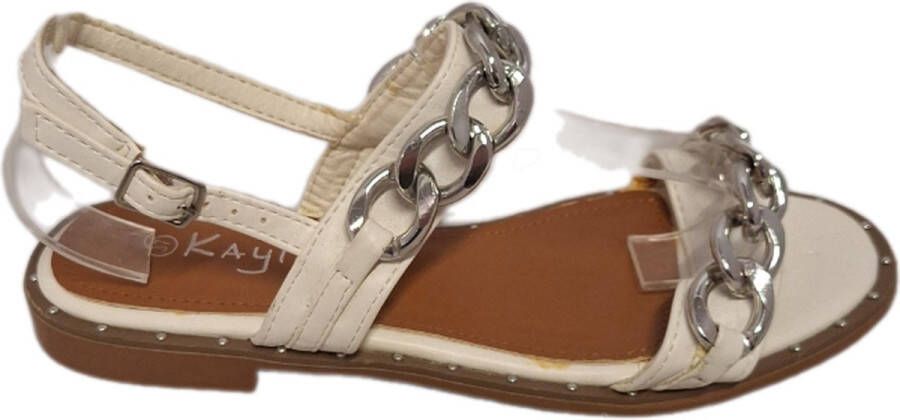 Kayla SANDAL-WHITE LEDERLOOK-VOETBED-SILKVER CHAIN DECORATION