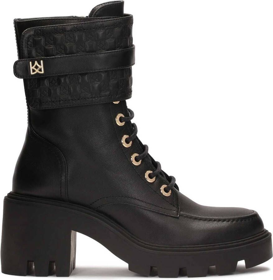 Kazar Black block toe boots with monogrammed flap by