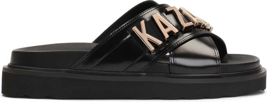 Kazar Black leather mules with metal lettering