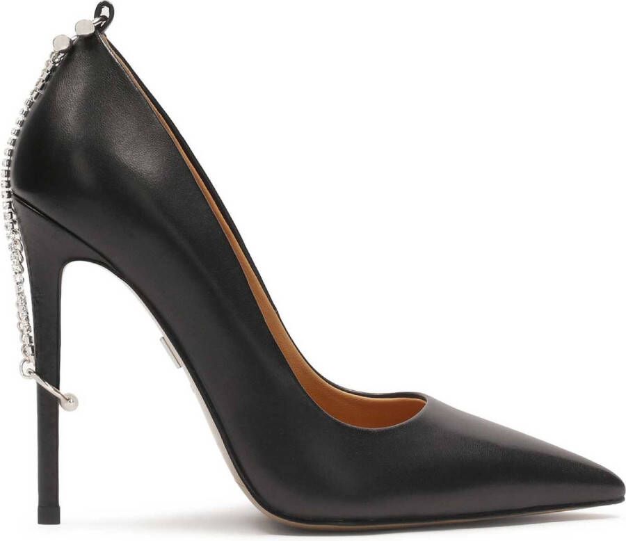 Kazar Black stilettos with a chain pinned to the heel