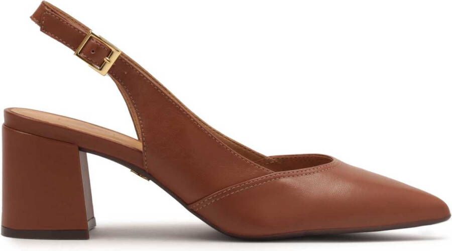 Kazar Brown pumps on a post with an open heel