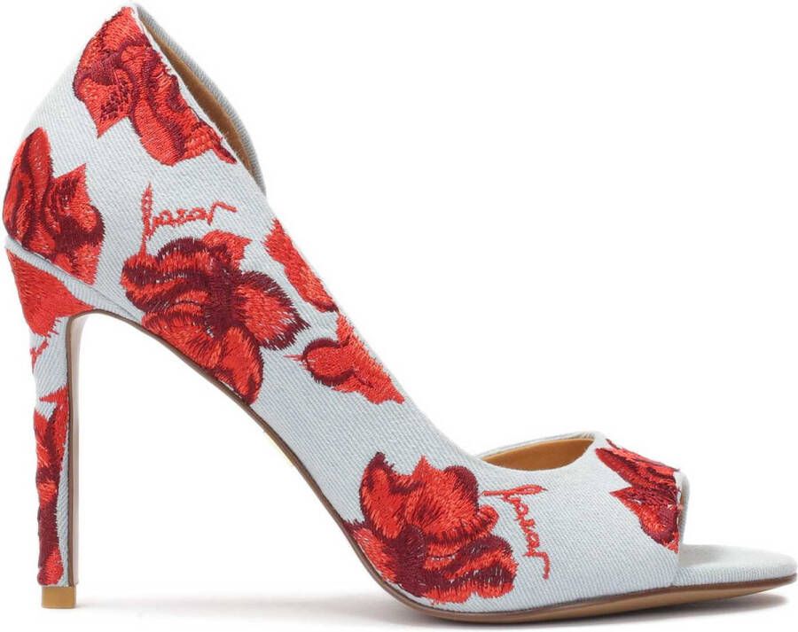 Kazar Denim fabric peep toe pumps with embroidered flowers