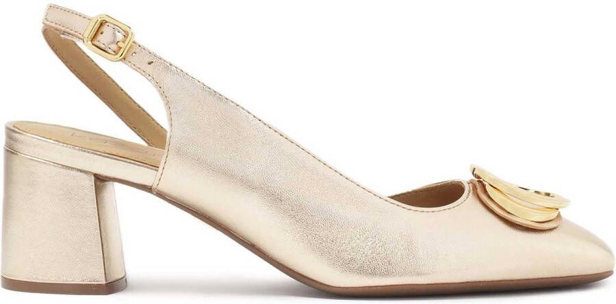 Kazar Gold pumps with open heel and metal embellishment on the nose