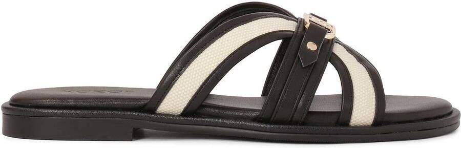 Kazar Comfortabele teenslippers van leer en stof op een platte zool