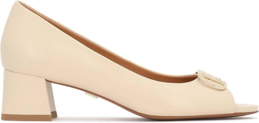 Kazar Peep toe pumps with elegant monogrammed design