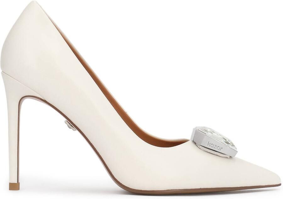 Kazar White leather wedding pumps with large stone in silver setting