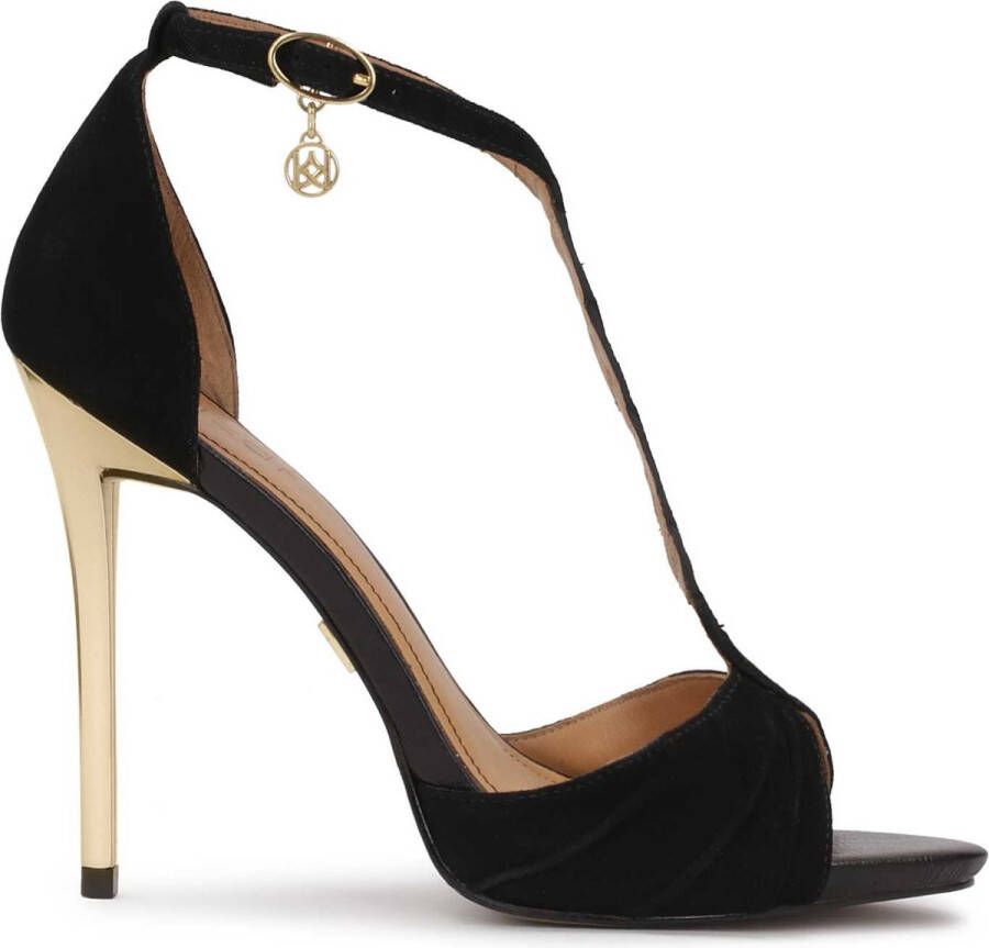 Kazar Suede sandals on a gold stiletto heel with a braided strap