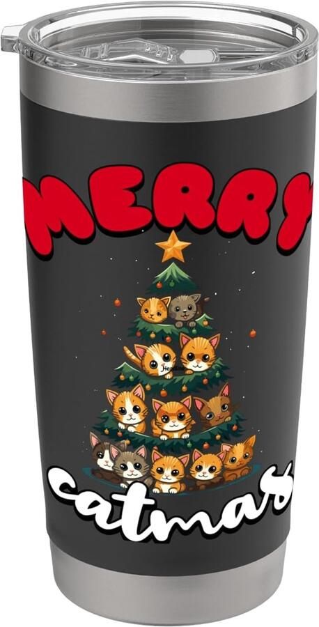 Kerstboom met kat dubbelwandige thermobeker
