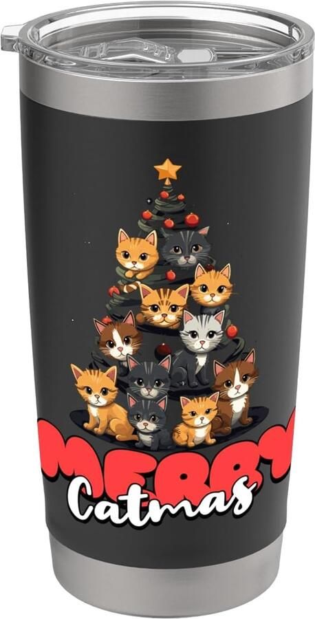 Kerstboom met kat dubbelwandige thermobeker