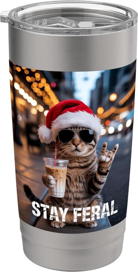 Kerstkat met Kerstmanmuts Thermosbeker met dubbele wand