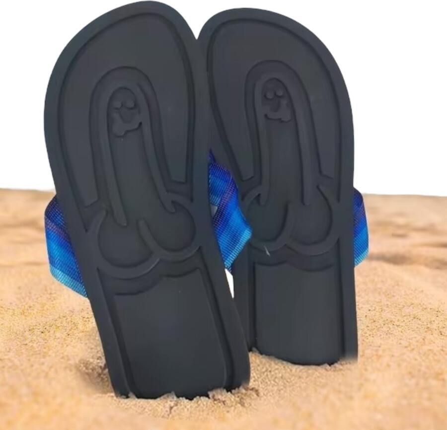 Kinky Pleasure Humoristische Unisex Penis Flipflops Comfortabele Strand Slippers met Grappige Zool Vorm Zwart met Blauwe Bandjes