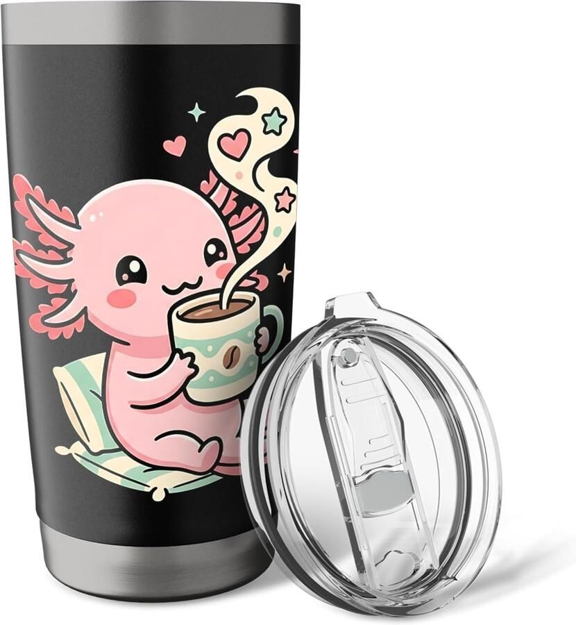 Koffiebeker met axolotl motief dubbelwandig roestvrij staal