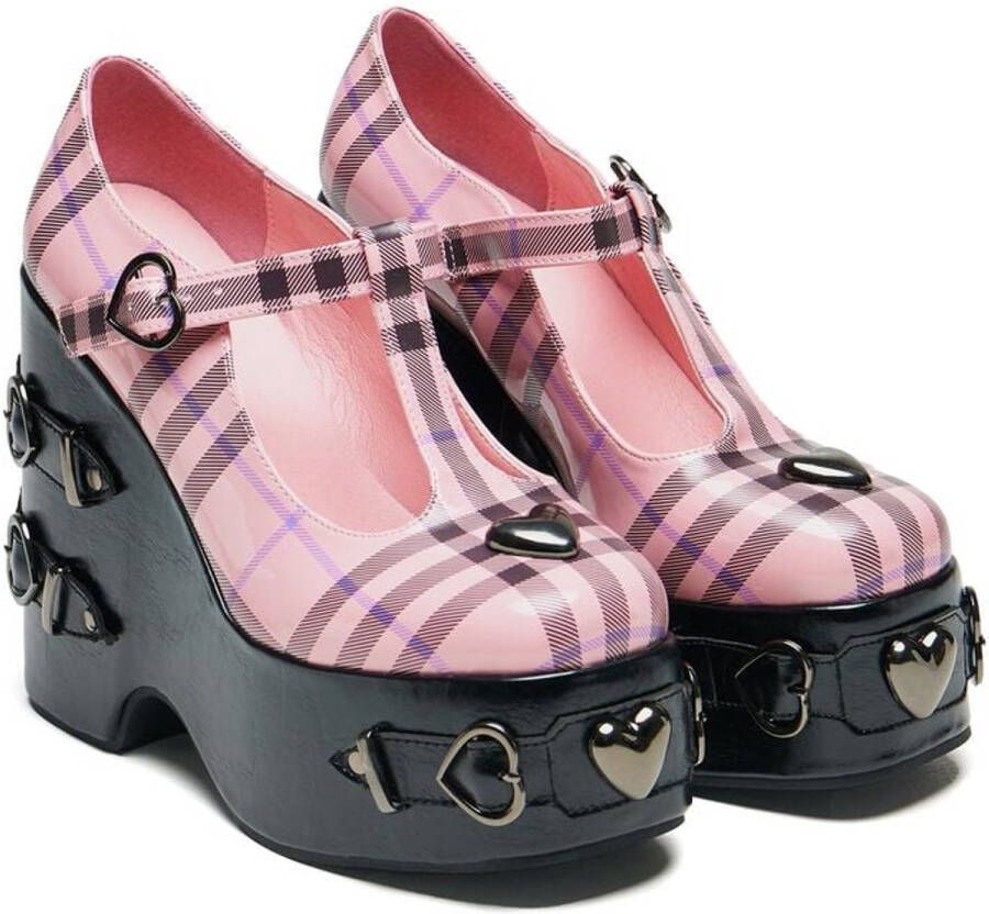 Koi Sweet Apathy Plaid Wedge Mary Janes Hoge Hakken zwart-felroze Polyurethaan