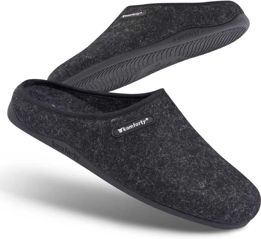 Komforty Pantoffels Zwart Duurzaam Antislip Unisex Topkwaliteit Sloffen van Italiaans wol Uitneembare traag schuim zool