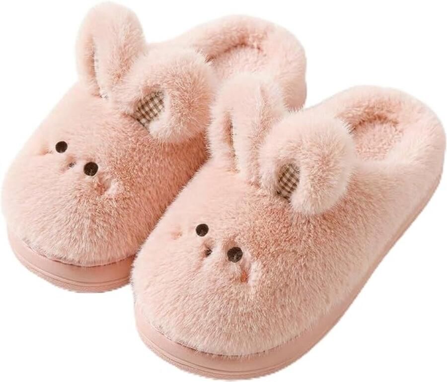 Konijnenpantoffels voor Dames Zachte Pluche Huissloffen met Konijnenoren en Geborduurd Gezicht Warme Gesloten Pantoffels met PV zool Roze