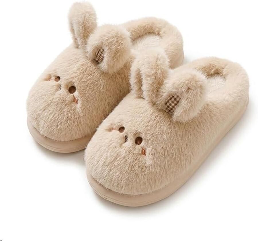 Konijnenpantoffels voor Dames Zachte Pluche Huissloffen met Konijnenoren en Geborduurd Gezicht Warme Gesloten Pantoffels met PV zool -Kaki