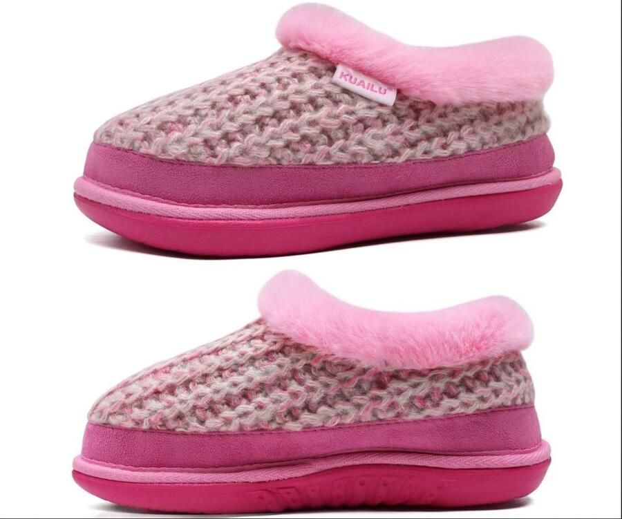 KuaiLu Dames Gebreide Huisslippers met Memory Foam en Boogondersteuning Warme Pantoffels met Faux Fur Voering & Antislip Zool &