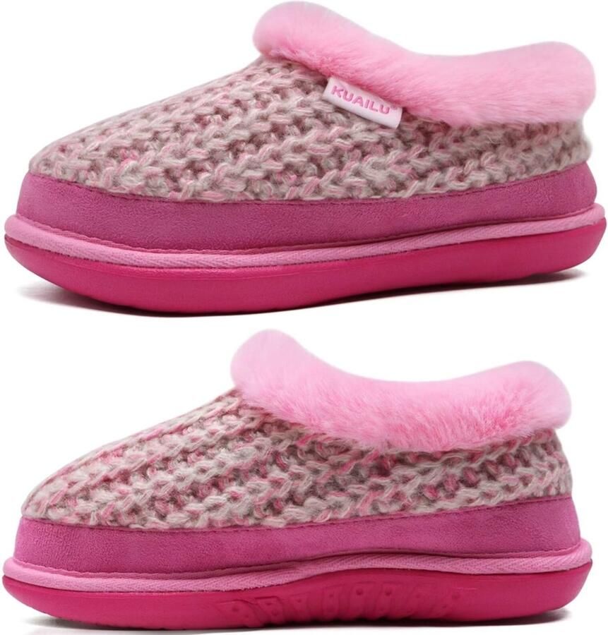 KuaiLu Dames Gebreide Huisslippers met Memory Foam en Boogondersteuning Warme Pantoffels met Faux Fur Voering & Antislip Zool
