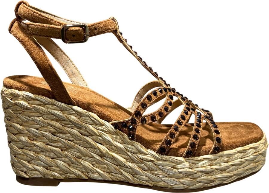 La Strada Wedge Sandaal Cognac Micro Met Steentjes Damesschoenen