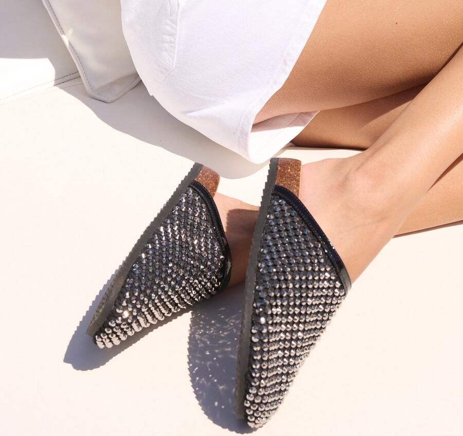 La Strada Slipper Met Steentjes Zwart Zilver Textiel Damesschoenen