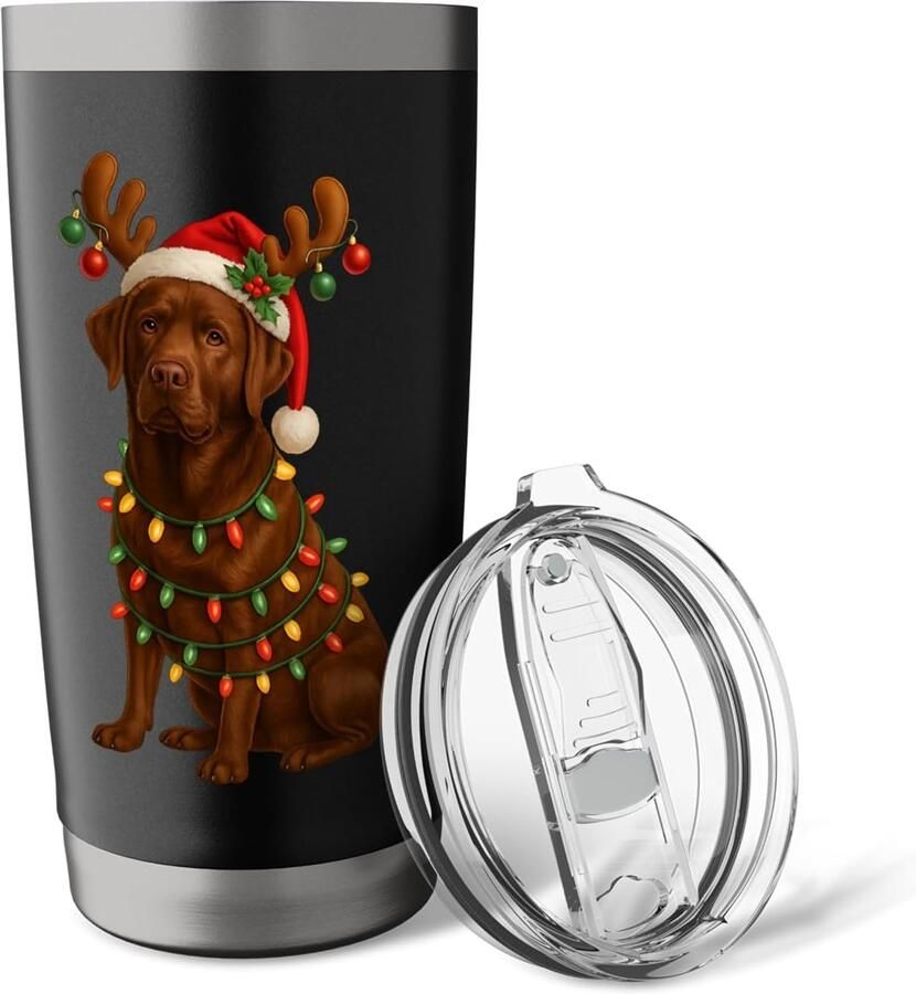 Labrador pyjama met kerstboomprint met dubbelwandige roestvrijstalen thermosbeker