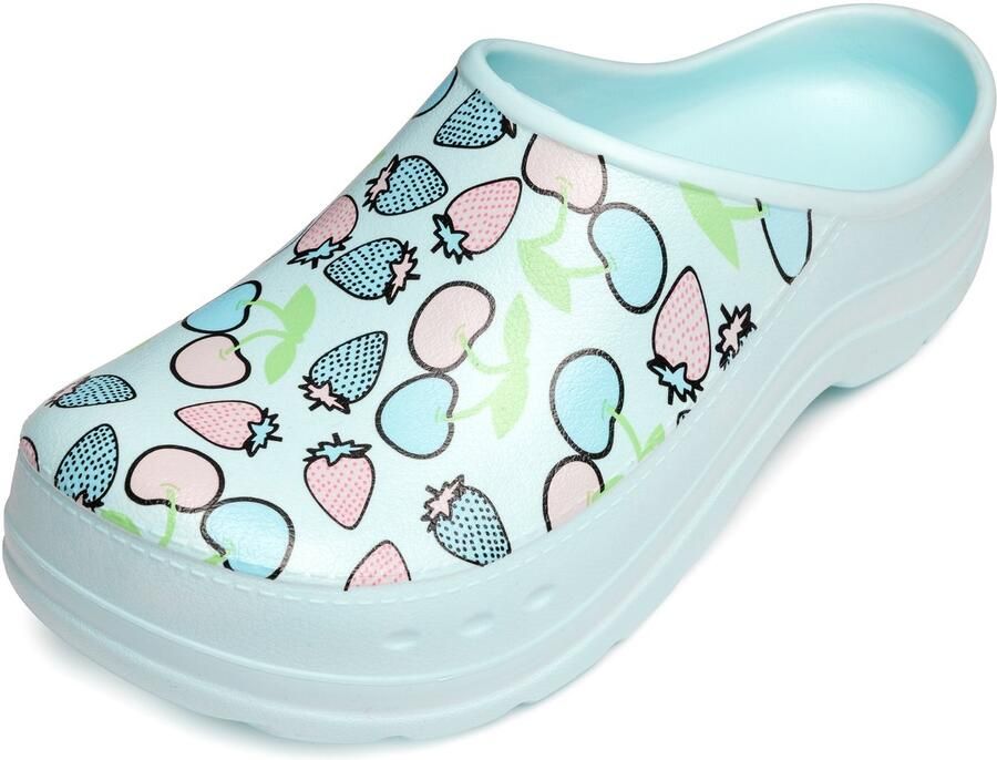 Ladeheid Tuinklompen voor dames ultralicht EVA tuinschoenen LA-CA-ComoHappyWoman aqua blauw fruitmotief