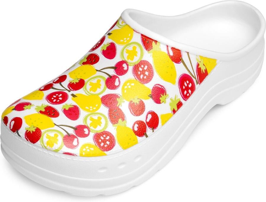 Ladeheid Tuinklompen voor dames ultralicht EVA tuinschoenen LA-CA-ComoHappyWoman wit fruitsmotief