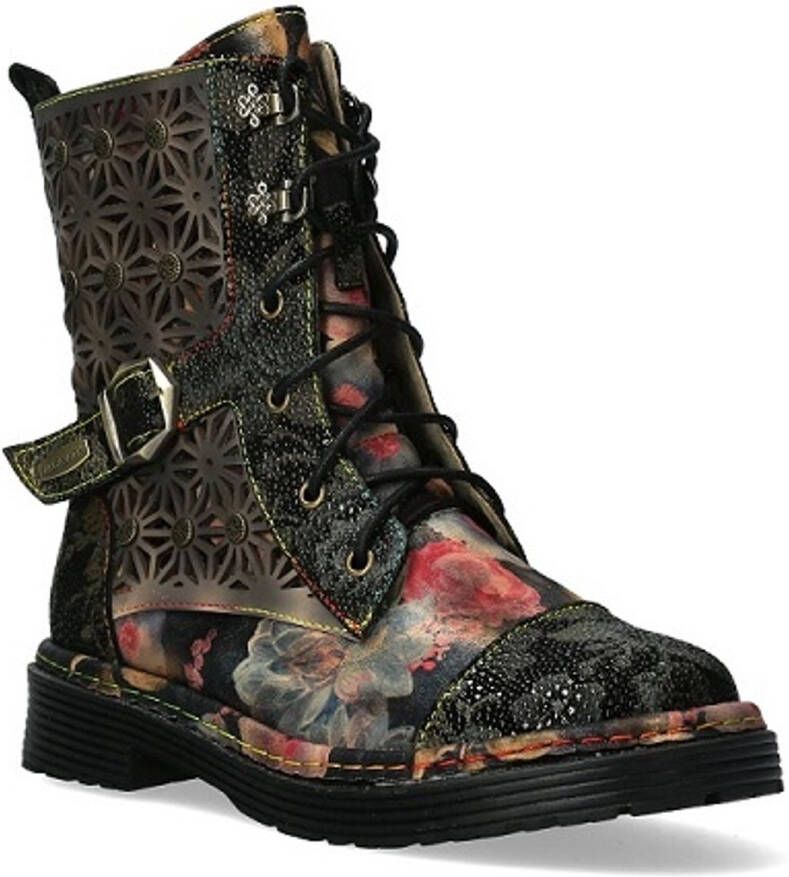 Laura Vita halfhoge veterboots gebloemd zwart leer