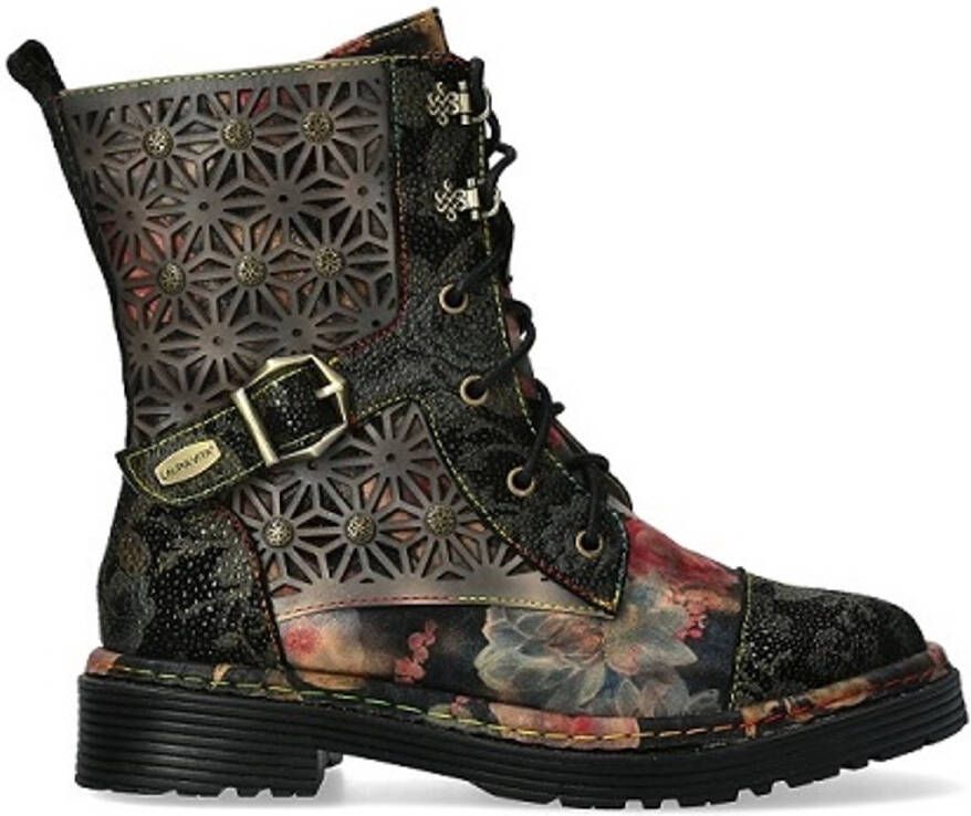 Laura Vita halfhoge veterboots gebloemd zwart leer