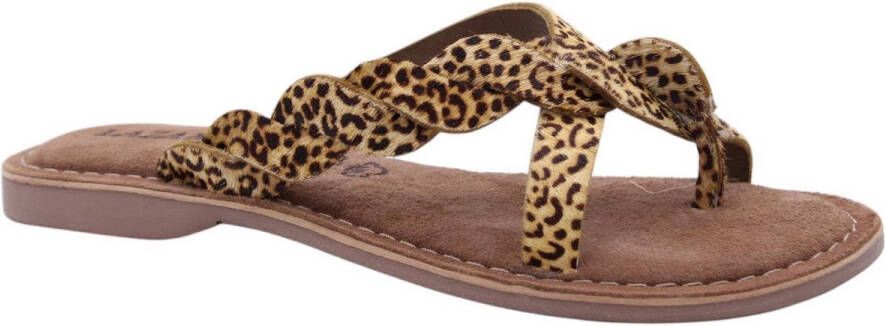 Lazamani leren slippers met panterprint cognac