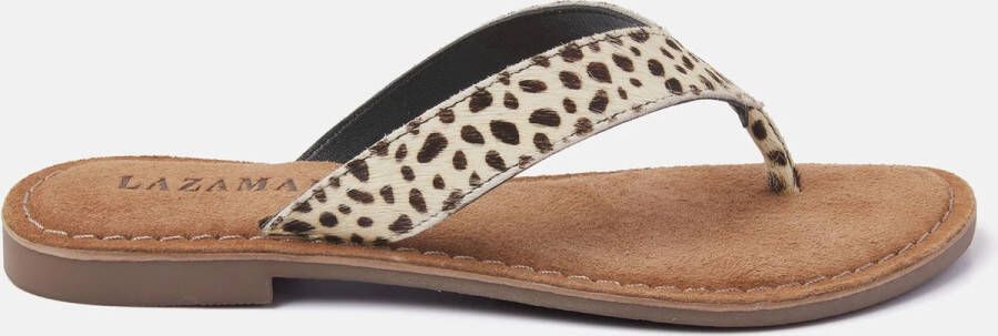 Lazamani 75.481 leren teenslippers met dierenprint ecru zwart