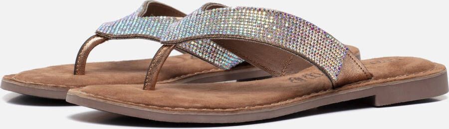 Lazamani leren teenslippers met strass beige - Foto 3