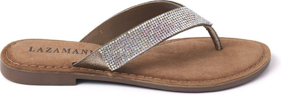 Lazamani leren teenslippers met strass beige - Foto 5