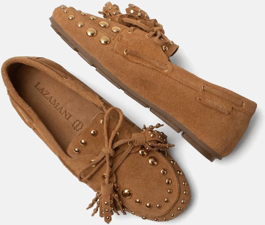 Lazamani bruin suède loafers met gouden studs