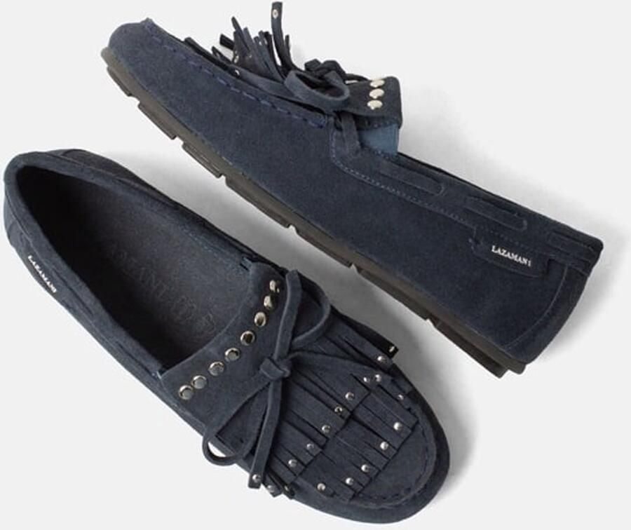 Lazamani donkerblauw suède loafers met franjes