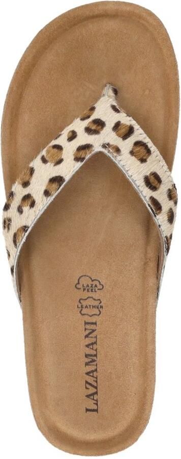 Lazamani Leia teenslippers met sleehak en panterprint beige zwart