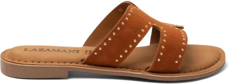 Lazamani Lina suède slippers met studs cognac