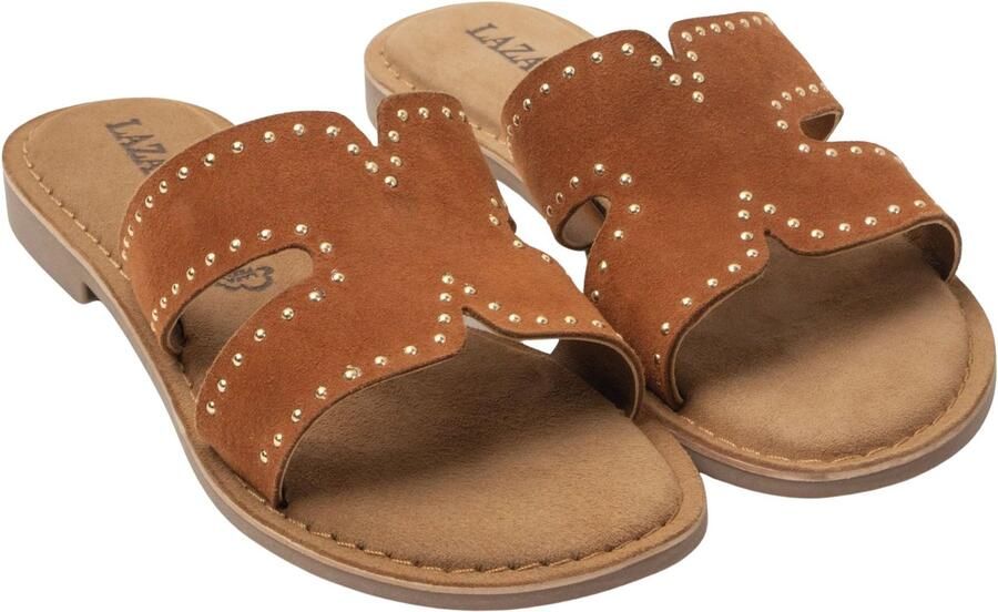 Lazamani Lina suède slippers met studs cognac