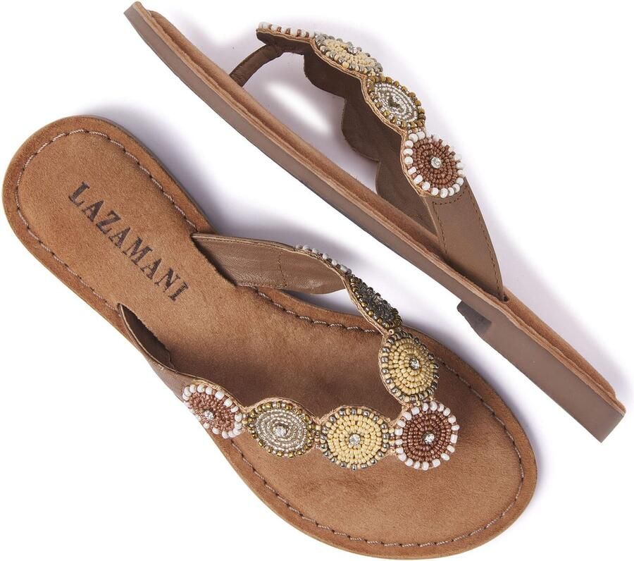 Lazamani Leren versierde teenslipper Beige Leer Teenslippers Dames - Foto 8