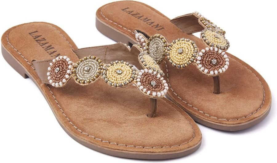 Lazamani Leren versierde teenslipper Beige Leer Teenslippers Dames - Foto 10