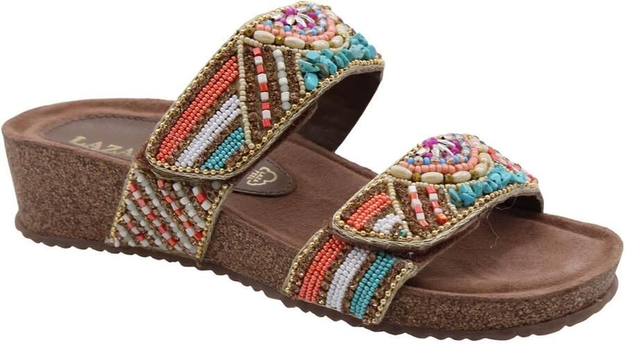 Lazamani leren slippers met kraaltjes oranje turquoise