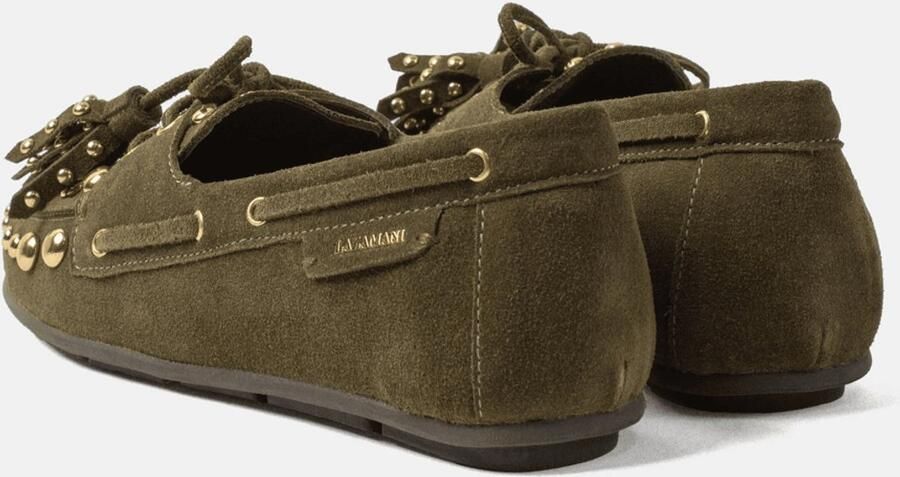 Lazamani Stella Mocassins Dames Suède Instappers met Franjes en Goudkleurige Studs Groen