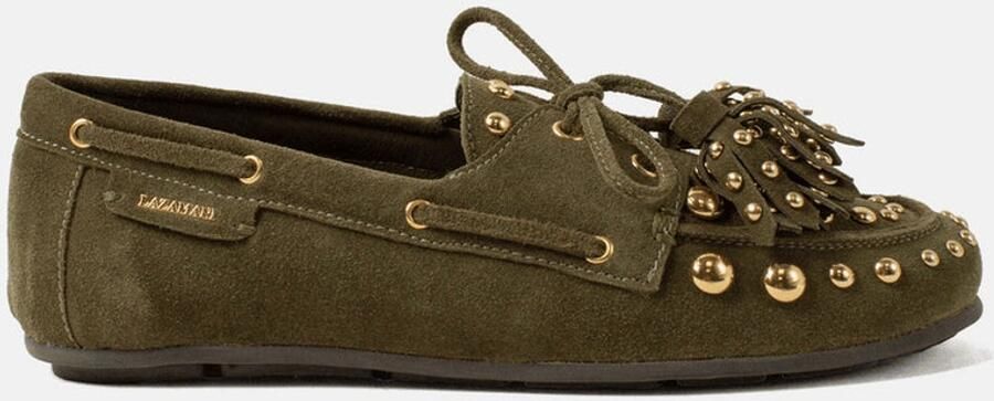 Lazamani Stella Mocassins Dames Suède Instappers met Franjes en Goudkleurige Studs Groen