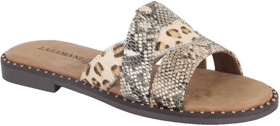 Lazamani Suze leren slippers met dierenprint en panterprint beige zwart - Foto 4