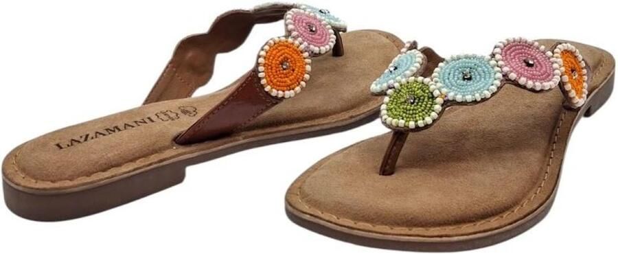 Lazamani Loua leren teenslippers met kraaltjes cognac pastel - Foto 4