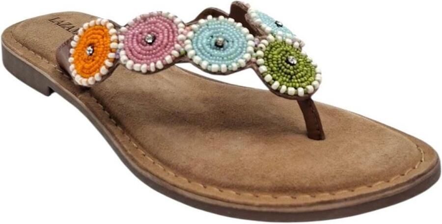 Lazamani Loua leren teenslippers met kraaltjes cognac pastel - Foto 4