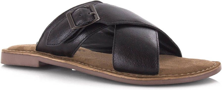 Lazamani Leren mules black met gekruis Zwart Leer Platte sandalen Dames