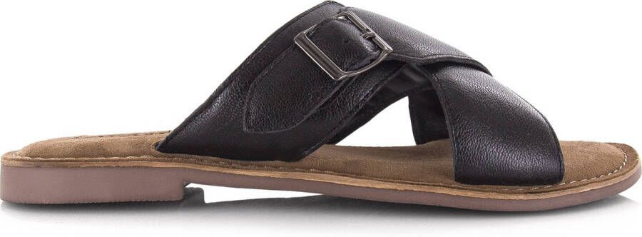 Lazamani Leren mules black met gekruis Zwart Leer Platte sandalen Dames