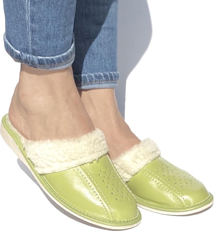 Leren dames pantoffels Sloffen gevoerd met imitatiebont Groen